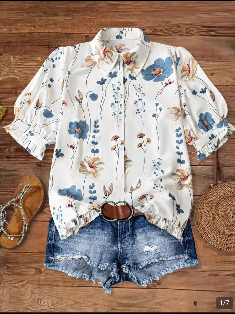 SHEIN White Floral Button-Up Blouse with Blue & Tan Flowers